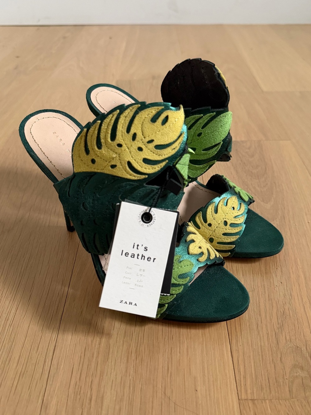 NWT Zara Green Suede Mules with Yellow & Lime Leaf Appliqués
